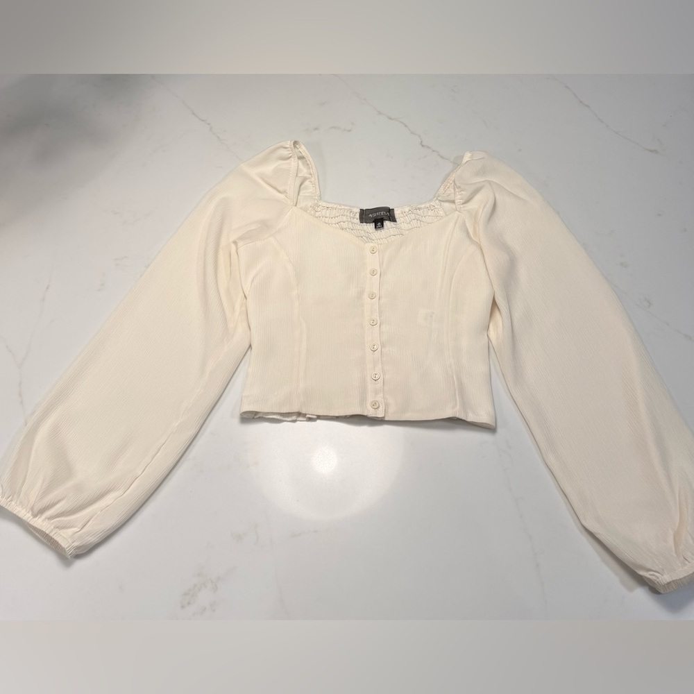 4SI3NNA Cream Puff Sleeve Crop XS Smocked Bust Button Front: Festival Western